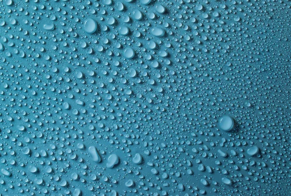 Gotas Água Fundo Textura Vidro Azul — Fotografia de Stock