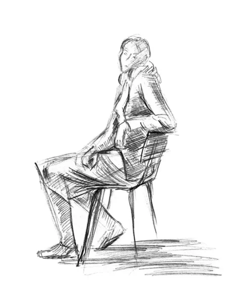 一个穿着衣服坐在椅子上的女人的画像 铅笔在纸上画 白色背景上的孤立图像 — 图库照片
