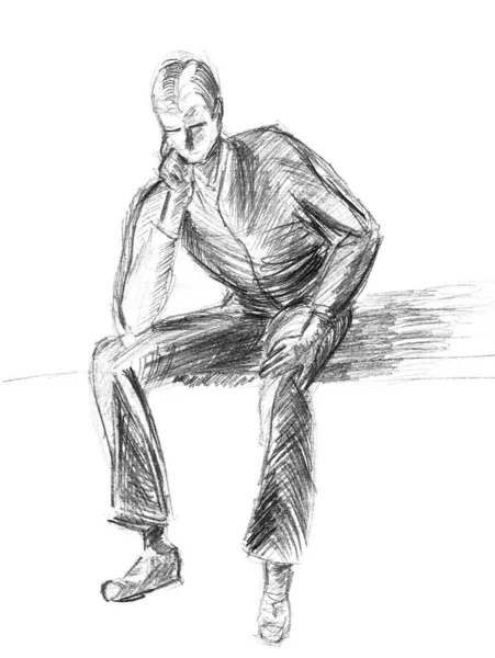 Rough Sketch Seated Young Guy Thinking Something Lead Pencil White — Stok Foto