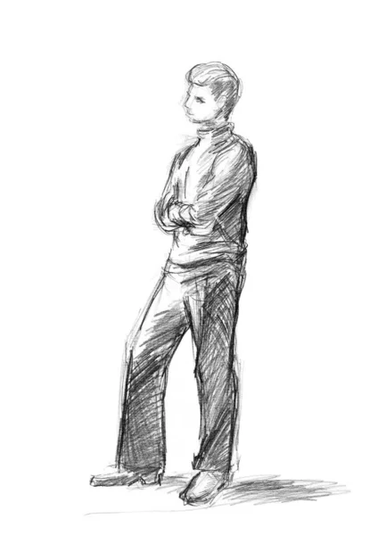 Rough Sketch Standing Young Guy Clothes Arms Crossed Pencil Drawing — Stock Fotó