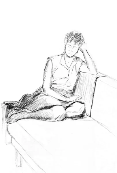 Rough Sketch Female Figure Clothes Girl Sitting Couch Her Legs — Stock Fotó