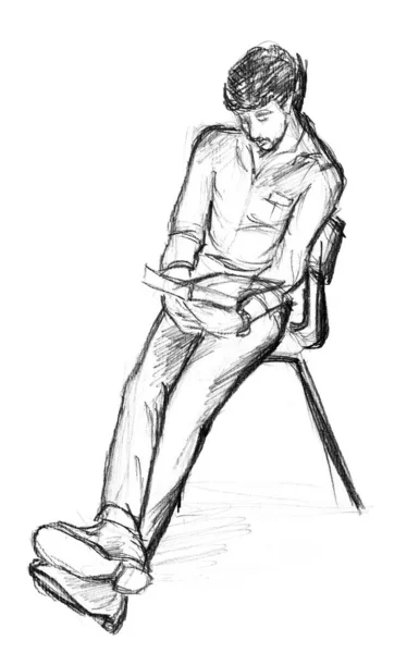 一个人坐在椅子上看书的草图 铅笔画在白纸上 孤立的物体 — 图库照片
