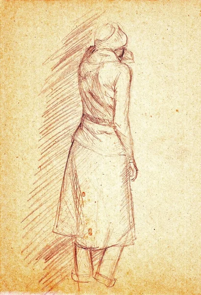 Rough Sketch Standing Young Woman Clothes Back Viewer She Rested — Stock Photo, Image