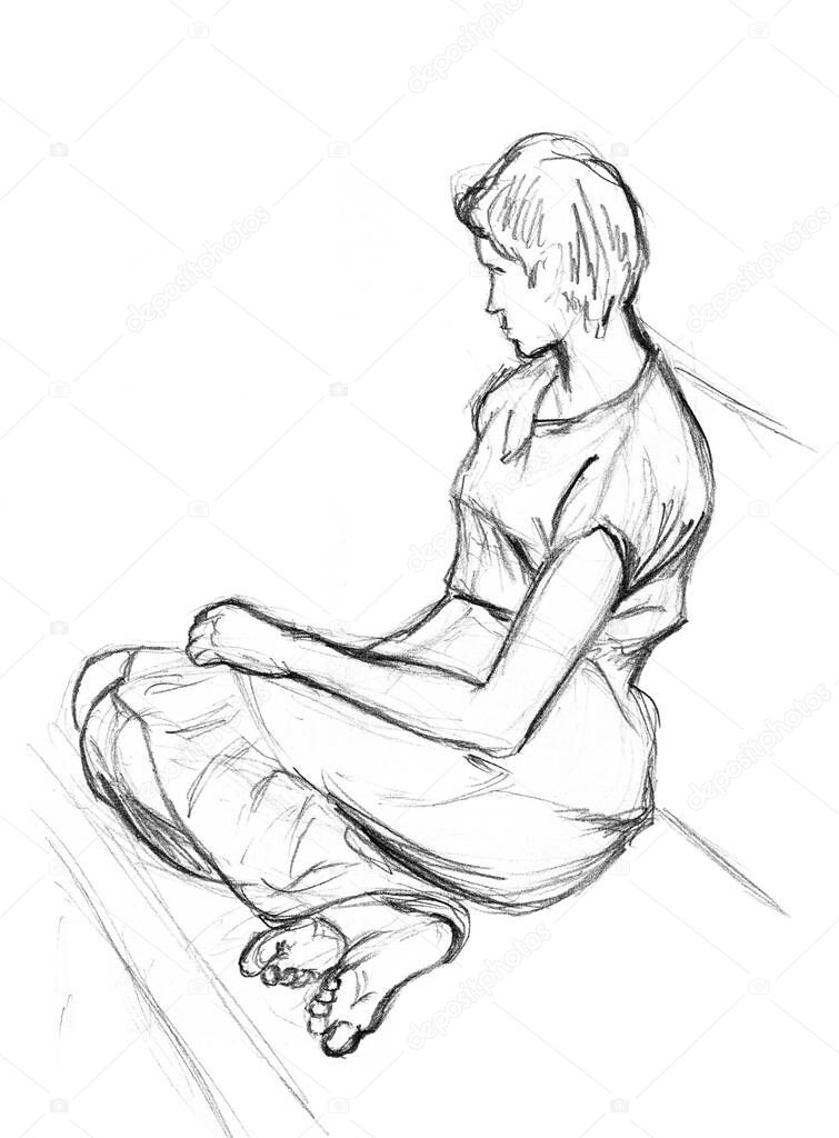 A rough sketch of a female figure in clothes. The girl sits with her legs on the couch, turning away from the viewer. Pencil drawing on white paper.