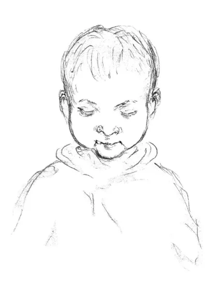 Szkic Prostym Ołówkiem Małego Dziecka Trochę Pochylona Głowa Spojrzenia Dół — Zdjęcie stockowe