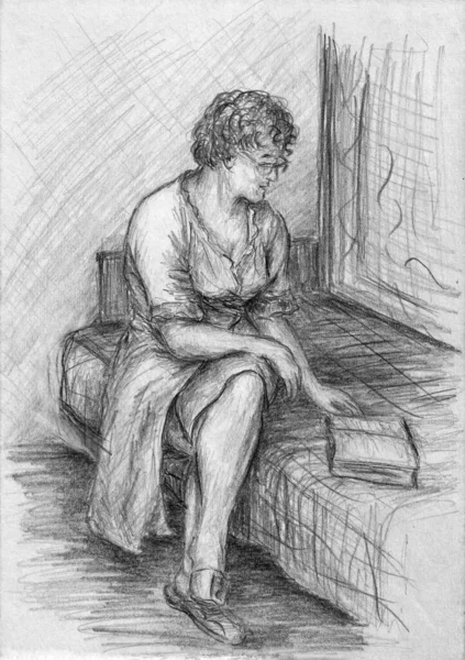 Croquis Une Femme Assise Vêtue Lisant Livre Crayon Dessin Sur — Photo