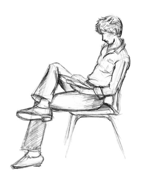 Rough Sketch Guy Sitting Chair Reading Book Lead Pencil Paper — Stock Photo, Image