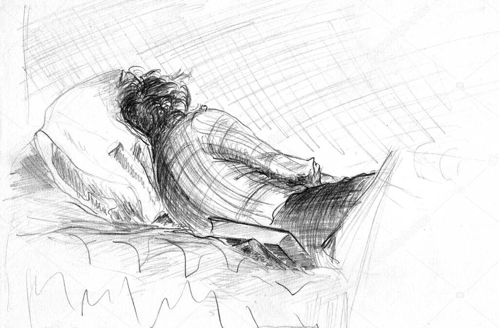 A rough sketch of a dressed woman lying on a sofa. The view from the back. Pillow, books, rest after study.