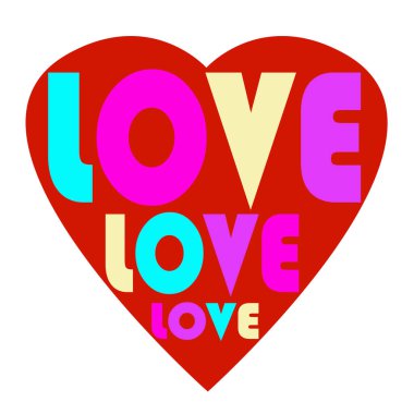 Sevgi. Sevgililer günü kartı, üzerinde kırmızı kalplerin arka planında çok renkli harflerden 