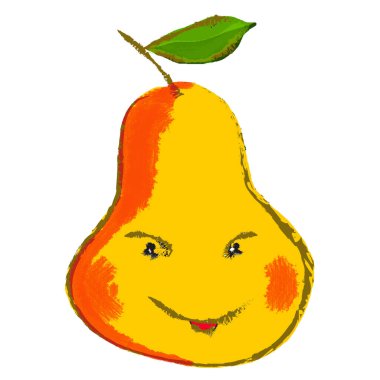 Gülen armut. Kırmızı benekli turuncu meyve ve kaba altın çizgili sap, yeşil yapraklı bir sap, gözler, gülen bir ağız. Beyaz arkaplandaki izole öge.