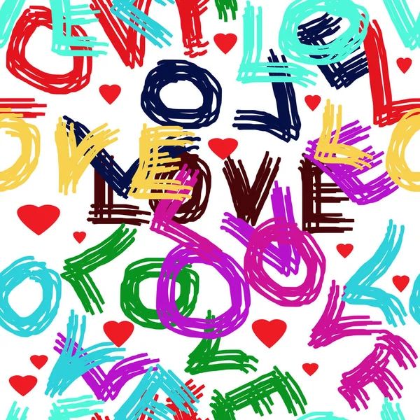 Безшовний Візерунок Слів Любов Написаний Пензлем Багатокольорові Слова Червоні Серця — стокове фото