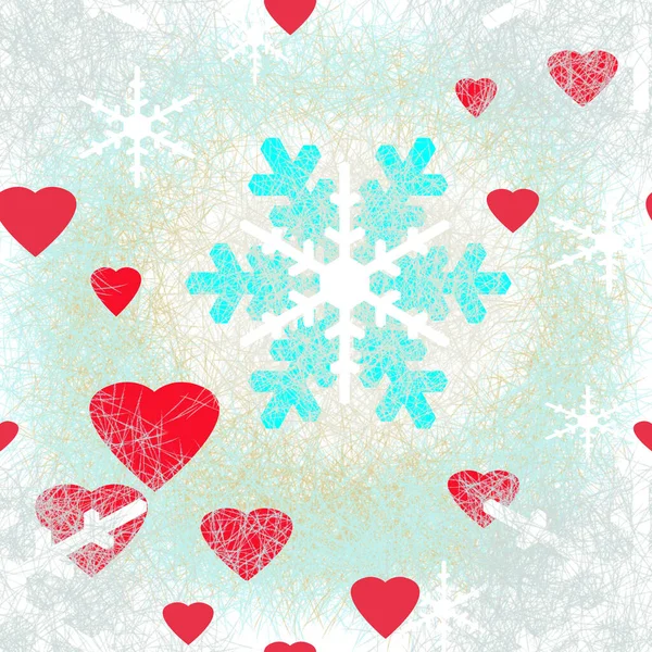 Christmas Seamless Pattern Red Hearts White Turquoise Snowflakes Delicate Golden — Stock Photo, Image