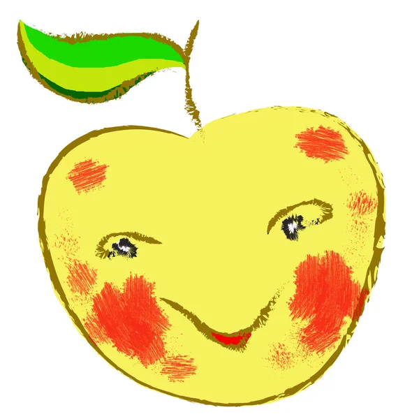 Усміхнене Яблуко Жовтий Фрукт Червоними Плямами Грубим Золотим Контуром Стебло — стокове фото