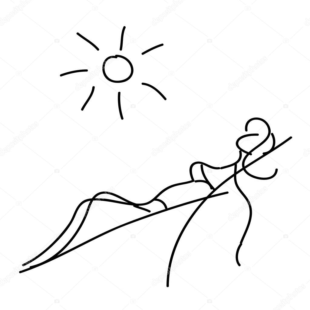 Linear drawing of a tanning woman in a deck chair and sun. A rough, simplified outline sketch. Black lines on a white background. Isolated item.