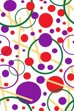 Çok renkli geometrik elementlerin soyut, dikişsiz deseni. Altın çizgiler, kırmızı, mor ve yeşil daireler, beyaz arka planda farklı boyutlarda..