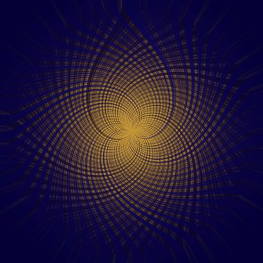 Altın ateşin arka planında mavi ve kahverengi çizgilerin psikedelik deseni. Eğri çizgiler merkezden yayılan yaprakları oluşturur. Çarpıtma etkisiyle yüzey.