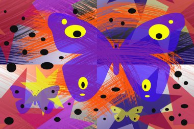 Renkli kelebeklerin, yıldızların, geometrik şekillerin, kaotik fırça darbelerinin ve karanlık noktaların olduğu soyut desen.