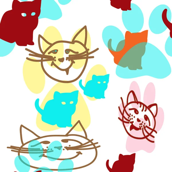 Seamless pattern with silhouettes of kittens, with outline of feline faces and cat footprints. Orange, gold, yellow, burgundy and turquoise on a white background.