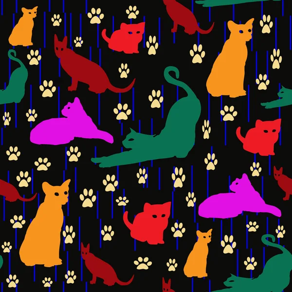 Seamless pattern with multi-colored silhouettes of cats on a dark background. Orange, red, green, burgundy, lilac figures, yellow cat tracks, blue lines.