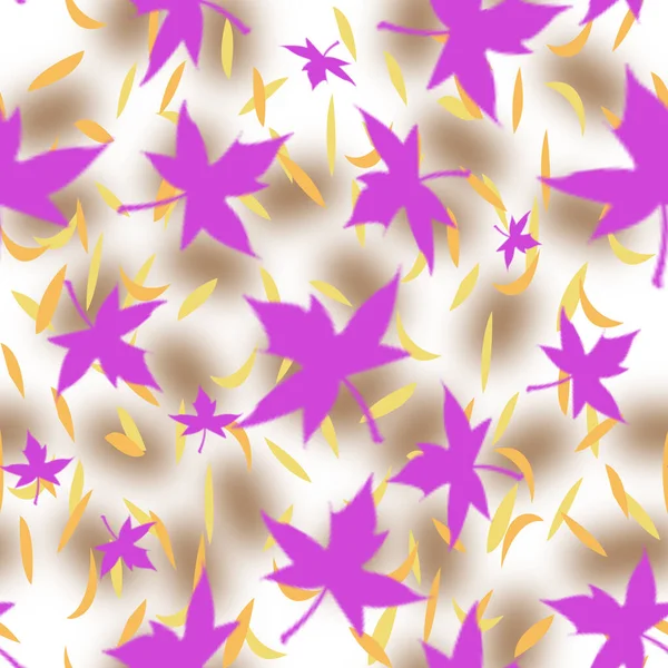 无缝化的叶子和模糊的斑点的抽象模式 淡紫色 金黄色的叶子 背景为褐色和白色的模糊斑点 — 图库照片