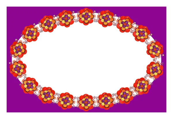 Rechteckiger Fliederfarbener Rahmen Mit Einem Ovalen Kranz Aus Aquarell Rot — Stockfoto