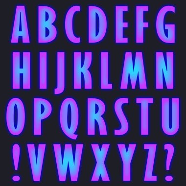Latin alfabesinin Raster harfleri, ünlem ve soru işaretleri Gill Sans MT Yoğunlaştırılmış Kalın Yumurta tabanlı. Neon pembe - koyu mavi arkaplanda mavi izole harfler.