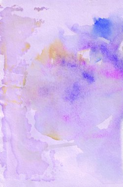 Suluboya çok renkli lekeler, sıçramalar, lekeler ve kağıt üzerindeki damlalar. Mavi, pembe ve turunculu leylak..