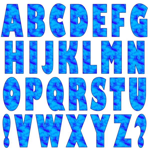 拉丁文大写字母 感叹号和疑问号的格子大写字母集 带有模糊蓝绿色和蓝色斑点的抽象纹理 白色背景上的孤立字母 — 图库照片