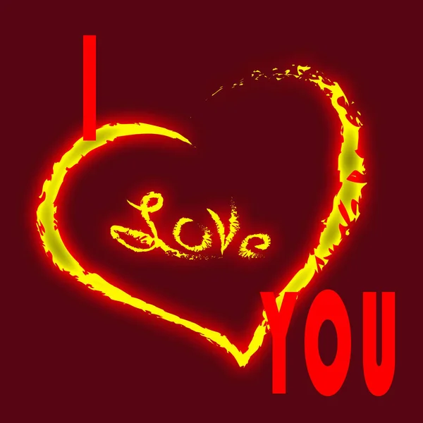 Love You Valentine Card Illustration Red Fiery Words Heart Dark — Stock Photo, Image