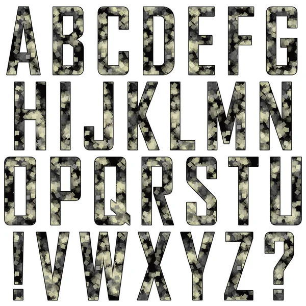 拉丁字母一组用拉丁字母 感叹号和问号组成的结构大写字母 抽象纹理 深色背景上有透明的正方形 白色背景上的孤立字母 — 图库照片
