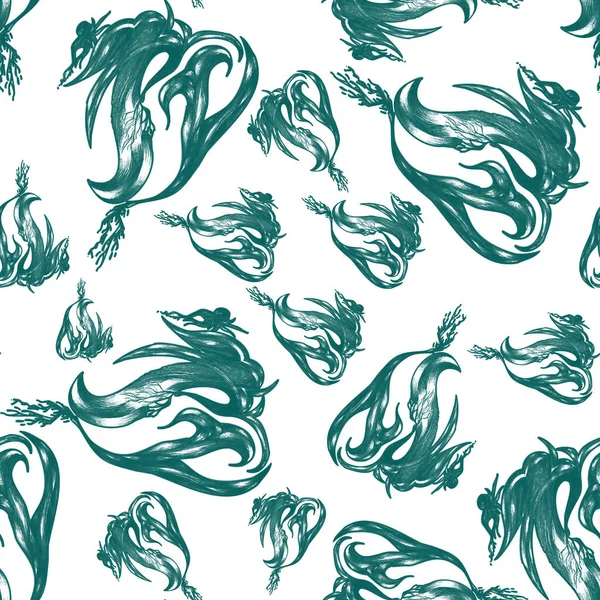 Seamless pattern of turquoise drawn abstract plants of different sizes on a white background.