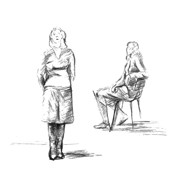 Грубий Ескіз Олівця Двох Молодих Жінок Одязі Стоїть Дівчина Руками — стоковий вектор