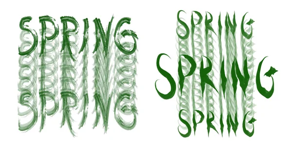 Vector Set Two Patterns Words Spring Roughly Brush Drawn Green — Stock Vector