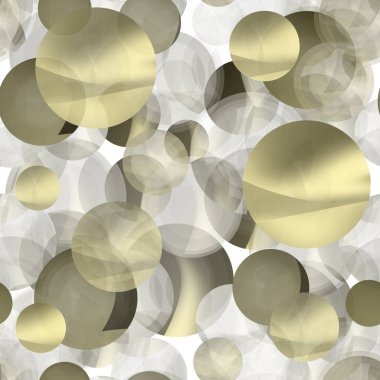 Kusursuz raster deseni. Farklı boyutlarda altın ve gri şeffaf daireler ve beyaz arka plana kaotik bir şekilde dağılmış gölgeler. Kaplama efekti.