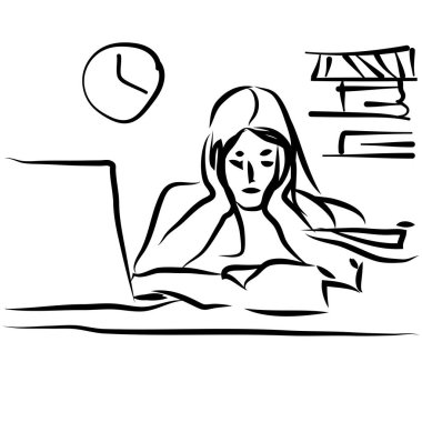   Bilgisayar ve kitapların başında yorgun bir kız var. Kabataslak çizim. İzole vektör çizimi. Beyaz arkaplanda siyah.