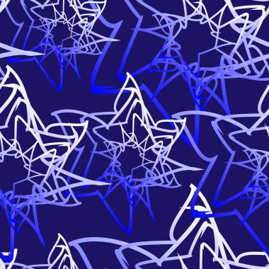  Kusursuz Noel vektör deseni. Soyut yıldızlar rastgele birbiri üzerine bindirilmiş. Mavi arkaplan üzerinde eğimli mavi ve beyaz renkte doğrusal elementler.
