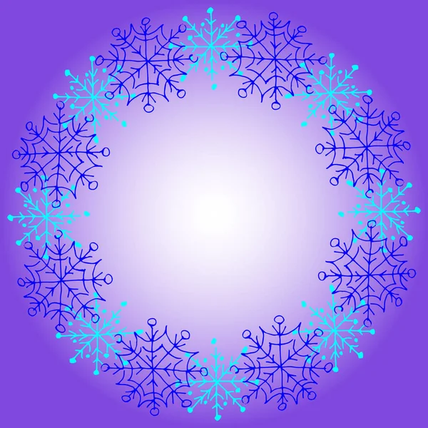 クリスマス 新年のベクトルの背景 白いライラックの放射状グラデーションの背景に青とターコイズの雪片で作られた丸いフレーム 要素は手描き — ストックベクタ