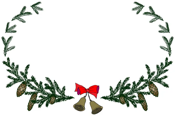 緑のモミの枝と白い背景に赤い弓でお祝いの黄金の鐘で作られた楕円形のフレーム ベクトルイラスト 手描き — ストックベクタ