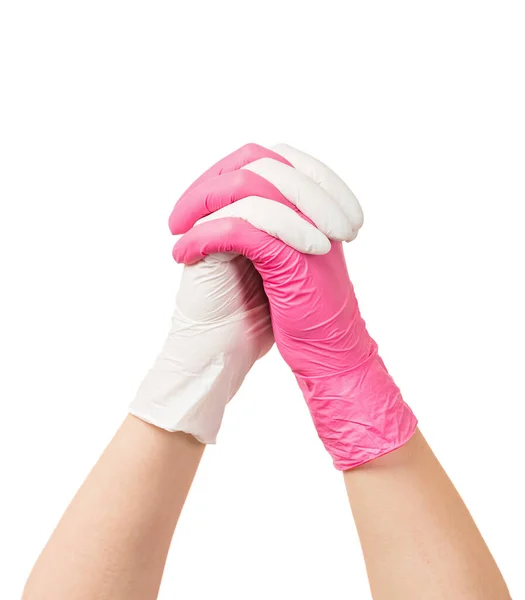 Handen Van Zorgverleners Die Witte Roze Handschoenen Verbinden Dragen — Stockfoto