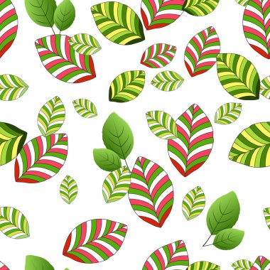 Beyaz arka planda sarı-yeşil ve kırmızı-yeşil çizgili yaprakların kusursuz deseni. Kumaşlar, tekstil, hediye paketleme tasarımı, basılı malzemeler, reklamlar ve diğer tasarımlar için harika..