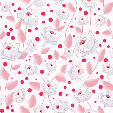 Kusursuz beyaz ve gri şakayık desenleri ve açık arkaplanda pembe yapraklar. Kumaş, tekstil, hediye paketleme tasarımı ve reklam da dahil her türlü basılı materyal için harika..