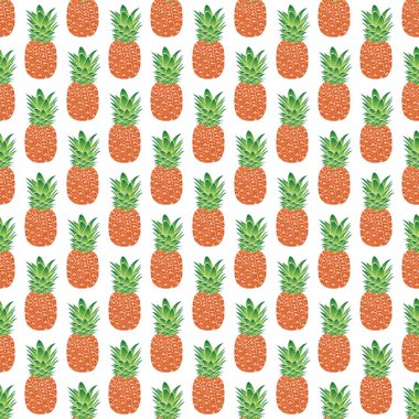 Beyaz arka planda turuncu-yeşil ananasların kusursuz geometrik deseni, vektör. Kumaşlar, tekstil, hediye paketleme tasarımı, basılı malzemeler, reklamlar ve diğer tasarımlar için harika..