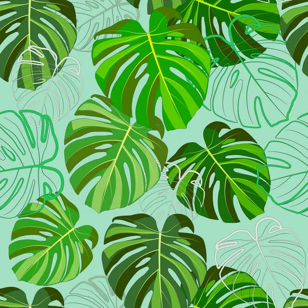 Impresión Hojas Verdes Tropicales Monstera Sobre Fondo Menta Clara Ideal — Vector de stock