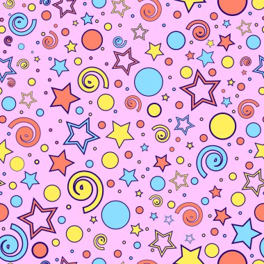 Pembe arka planda, mavi, sarı ve turuncu yıldızların, noktaların ve kıvrımların parlak, pürüzsüz deseni. Çocuk tekstil, giysi, ambalaj kağıdı ya da diğer tasarımlar için ideal bir model. Baskı çubuğu üretimi için arka plan olarak mükemmel.
