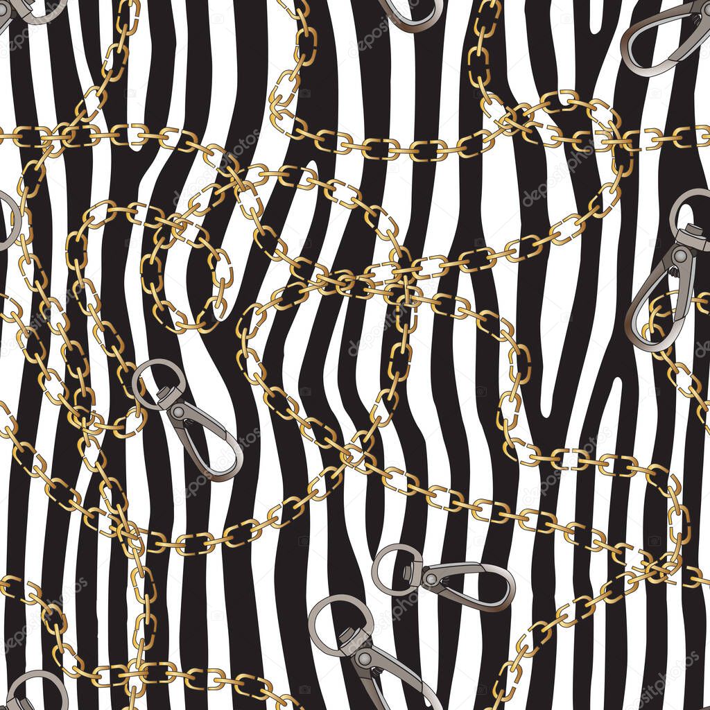 Seamless pattern of gold chains and metal bags carbines, on a black and white background, zebra, vector. Great for decorating fabrics, textiles, gift wrapping, any printed materials, advertising.