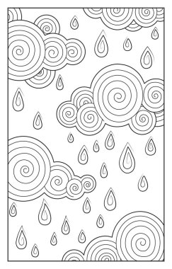 Hava, kıvrımlı bulutlar ve yağmur damlalarını sembolize eden siyah beyaz güzel bir görünüm. Yetişkinler ve çocuklar için boyama kitabı..