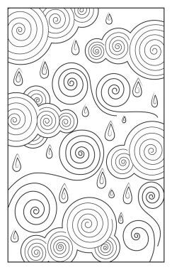 Basit tek renkli çizim, stilize yağmur havası, bulutlar, buklelerden rüzgar ve su damlacıkları. Yetişkinler ve çocuklar için boyama sayfaları, kartpostallar, davetiyeler veya diğer tasarımlar için uygundur