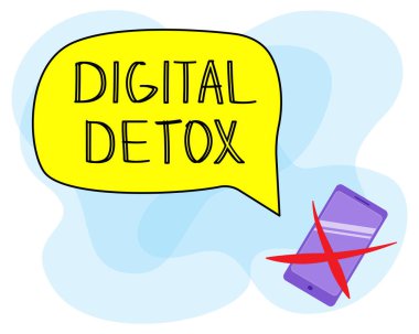 Dijital detoks vektörü renkli illüstrasyon. İçinde el yazısıyla çizilmiş parlak sarı bir baloncuk ve düz akıllı telefondan geçmiş. Ruh sağlığı konsepti