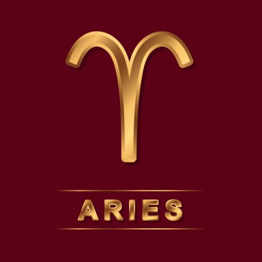Aries zodyak altın vektörü koyu kırmızı arka planda altın harflerle şarkı söylüyor. Tasarım için vektör burcu sembolü