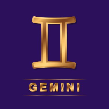 Gemini zodyak altın vektörü koyu mor arka planda altın harflerle şarkı söylüyor. Tasarım için vektör burcu sembolü